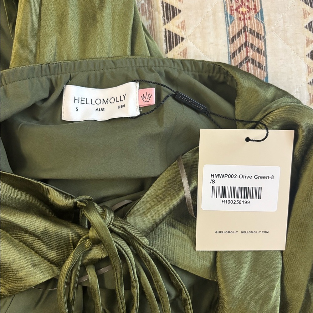 HELLO MOLLY Olive Green Satin Tie-Front Top